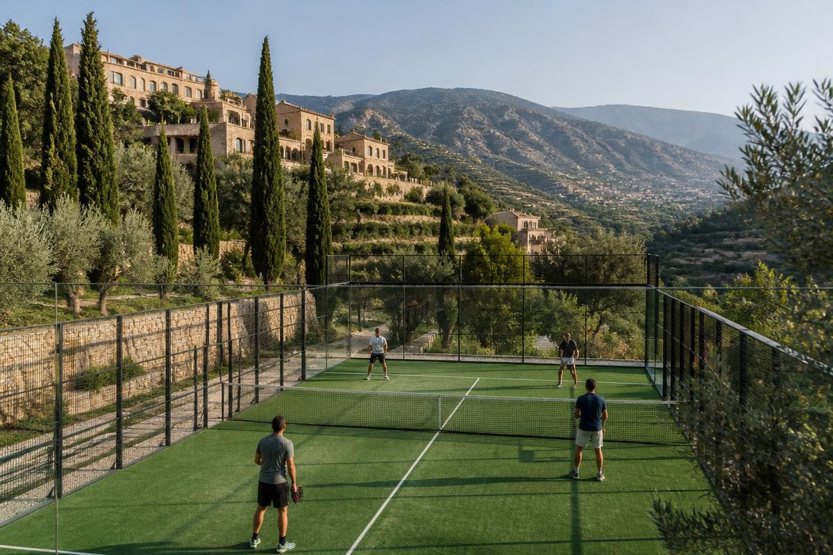Wide view of the court surrounded by mountains