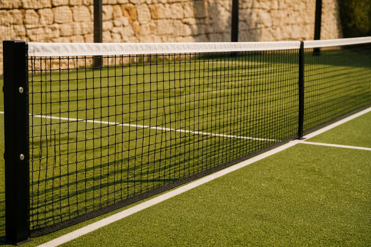 Close-up of the padel court net and green surface